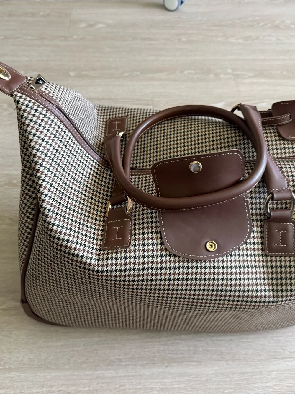 London Fog Brown Houndstooth Tote with Brown Leather Trim
